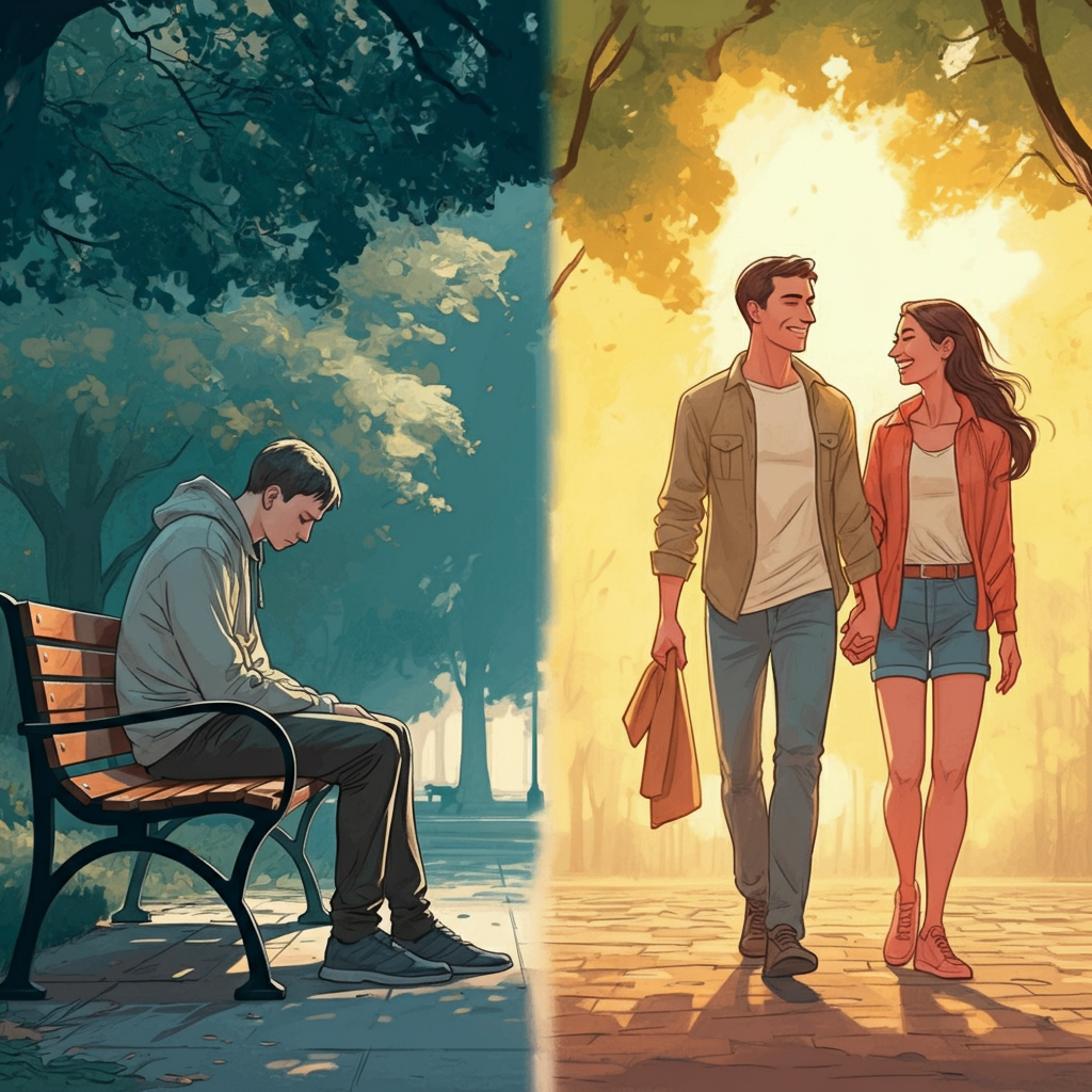The split-screen image capturing the contrast between loneliness and happiness is all set